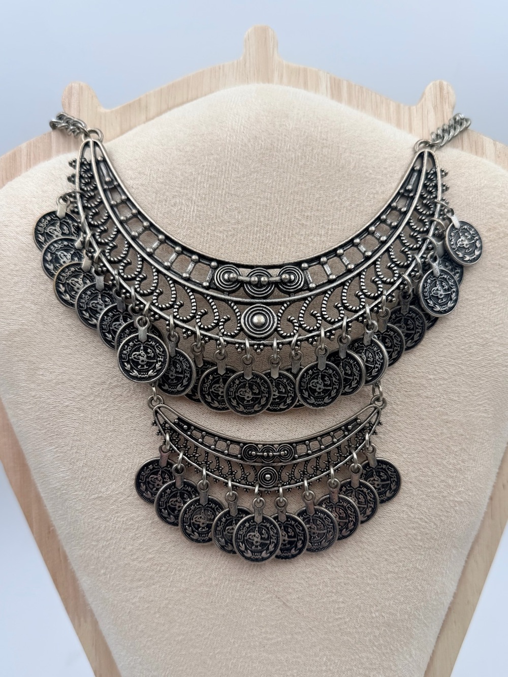Vintage Antique Silver Multi Tiered Turkish Coin Statement Necklace Boho Bib